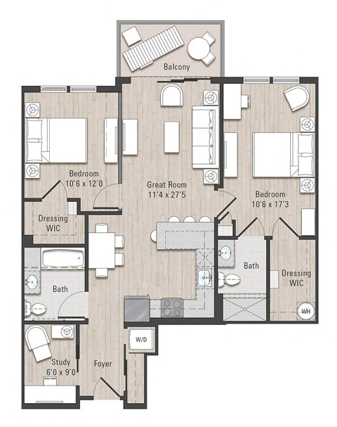 Floor plan for 2 beds, 2 baths, 1040 sqft